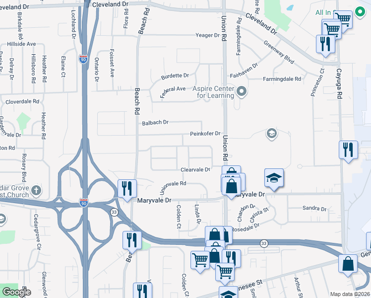 map of restaurants, bars, coffee shops, grocery stores, and more near 107 Fairvale Drive in Buffalo