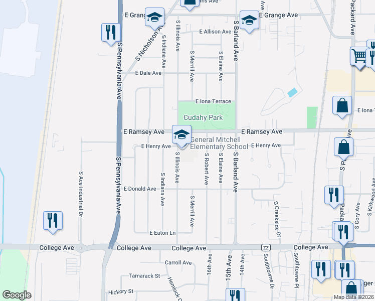 map of restaurants, bars, coffee shops, grocery stores, and more near 2915 East Ramsey Avenue in Cudahy