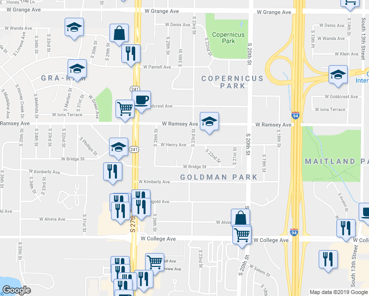 map of restaurants, bars, coffee shops, grocery stores, and more near 2321 West Henry Avenue in Milwaukee