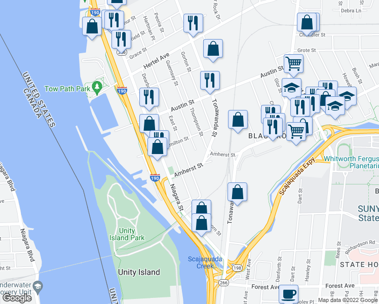 map of restaurants, bars, coffee shops, grocery stores, and more near 157 East Street in Buffalo