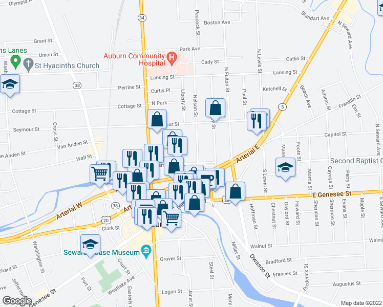 map of restaurants, bars, coffee shops, grocery stores, and more near 31 Seminary Street in Auburn
