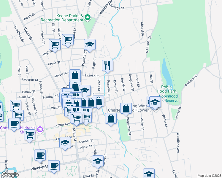 map of restaurants, bars, coffee shops, grocery stores, and more near 43 Franklin Street in Keene