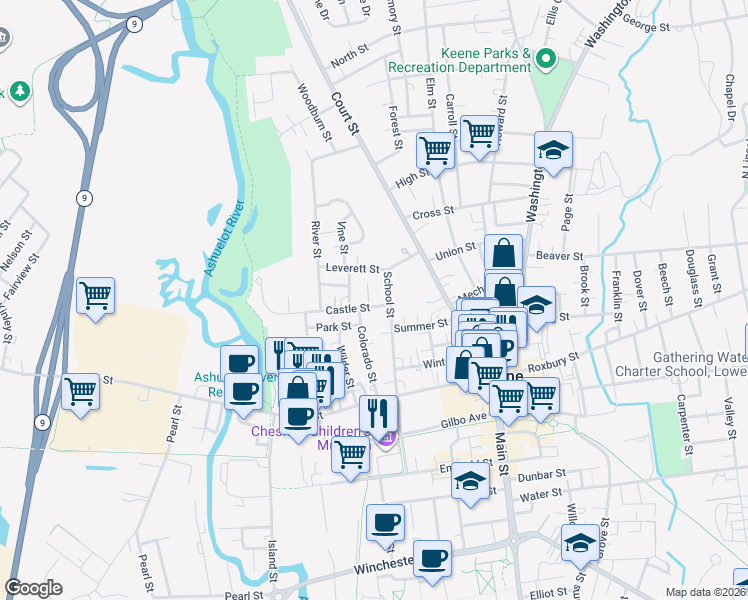 map of restaurants, bars, coffee shops, grocery stores, and more near 17 Castle Street in Keene