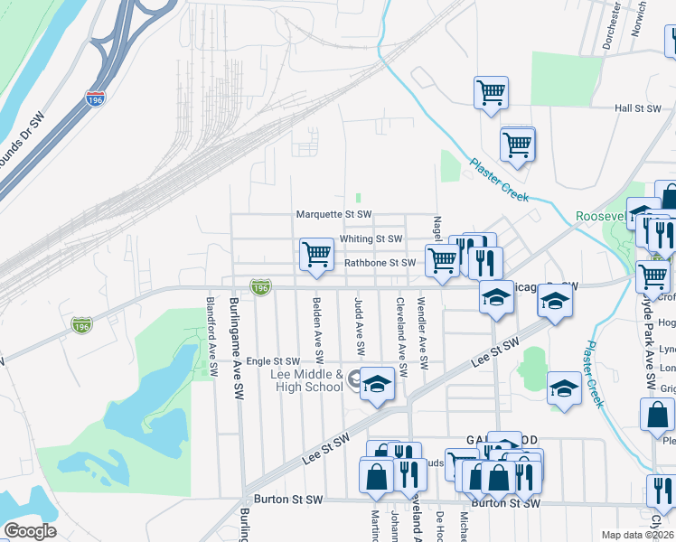 map of restaurants, bars, coffee shops, grocery stores, and more near 1340 Rathbone Street Southwest in Wyoming
