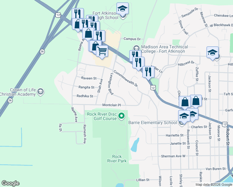map of restaurants, bars, coffee shops, grocery stores, and more near 516 Lexington Boulevard in Fort Atkinson