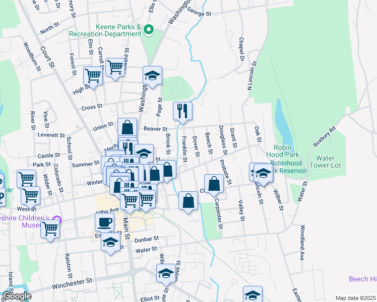 map of restaurants, bars, coffee shops, grocery stores, and more near 43 Franklin Street in Keene