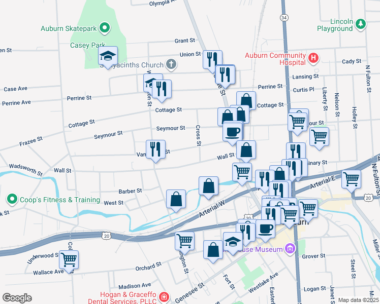 map of restaurants, bars, coffee shops, grocery stores, and more near 96-100 Van Anden Street in Auburn
