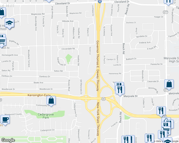 map of restaurants, bars, coffee shops, grocery stores, and more near 8 Hemenway Road in Buffalo