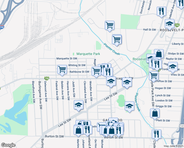 map of restaurants, bars, coffee shops, grocery stores, and more near 1214 Rathbone Street Southwest in Wyoming