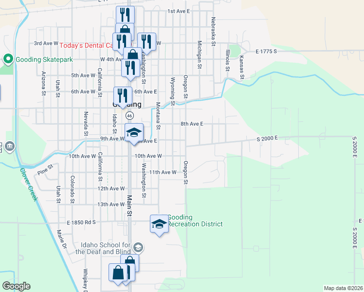 map of restaurants, bars, coffee shops, grocery stores, and more near 921 Oregon Street in Gooding
