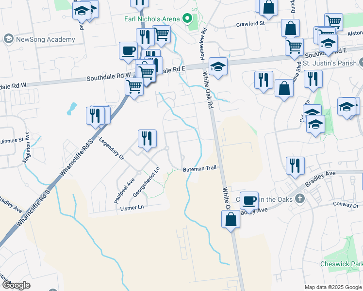 map of restaurants, bars, coffee shops, grocery stores, and more near 2881 Petty Road in London