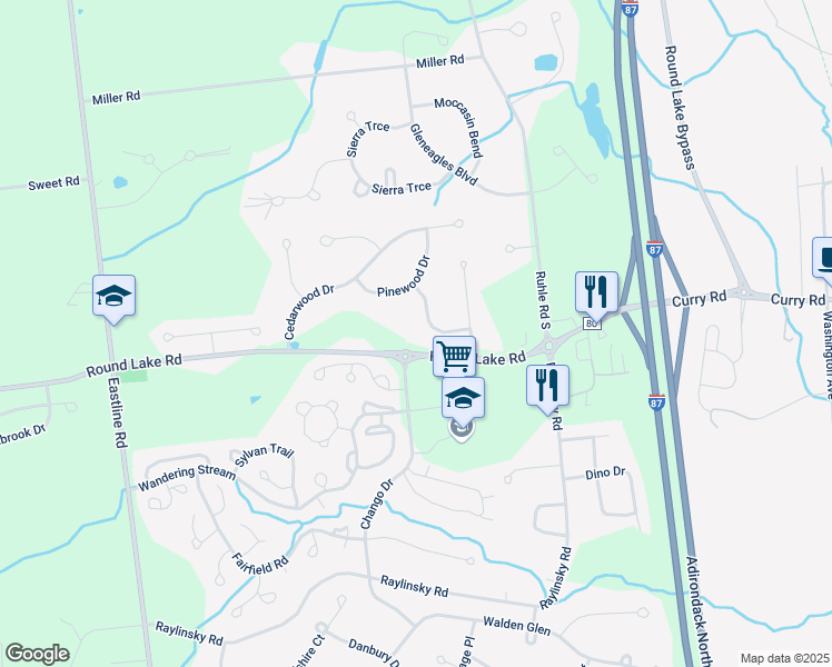 map of restaurants, bars, coffee shops, grocery stores, and more near 5 Applewood Drive in Ballston Lake