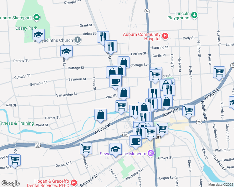 map of restaurants, bars, coffee shops, grocery stores, and more near 145 State Street in Auburn
