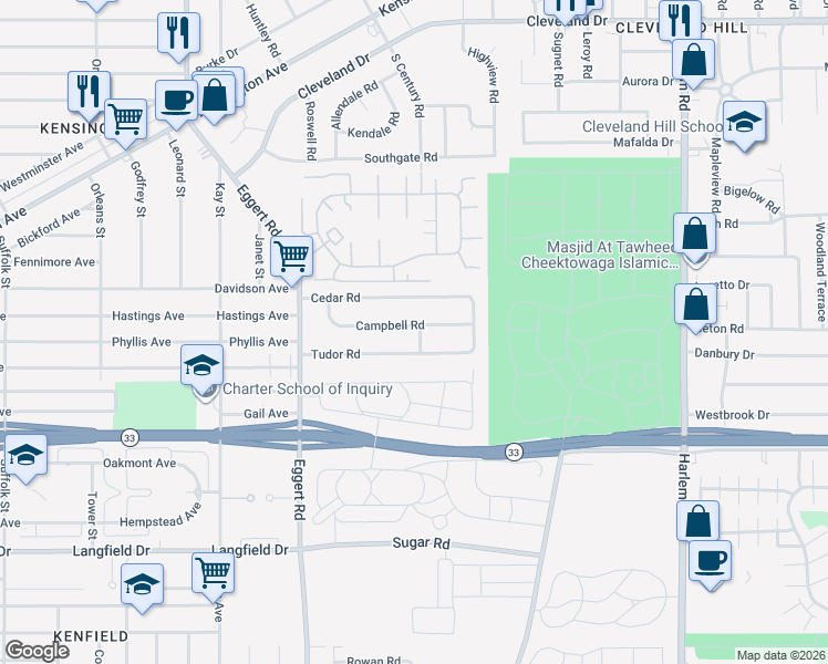 map of restaurants, bars, coffee shops, grocery stores, and more near 105 Campbell Road in Buffalo