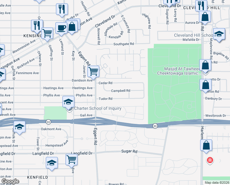map of restaurants, bars, coffee shops, grocery stores, and more near 65 Campbell Road in Buffalo