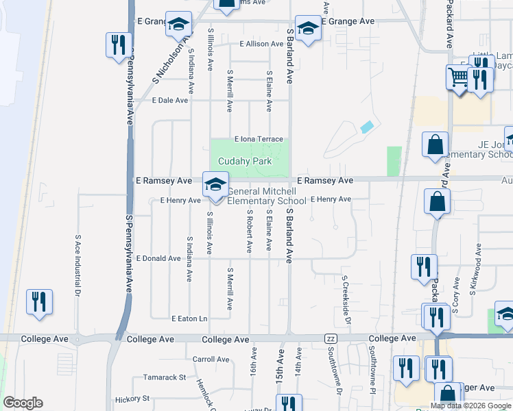 map of restaurants, bars, coffee shops, grocery stores, and more near 5961 South Elaine Avenue in Cudahy