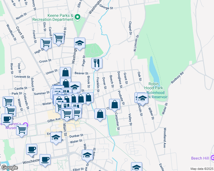 map of restaurants, bars, coffee shops, grocery stores, and more near 31 Dover Street in Keene