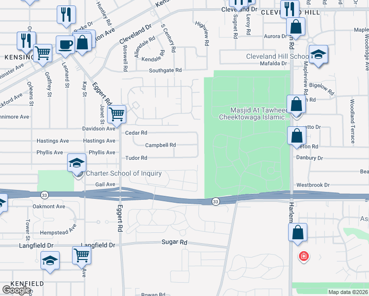 map of restaurants, bars, coffee shops, grocery stores, and more near 139 Campbell Road in Cheektowaga
