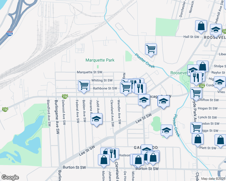 map of restaurants, bars, coffee shops, grocery stores, and more near 1242 Rathbone Street Southwest in Wyoming