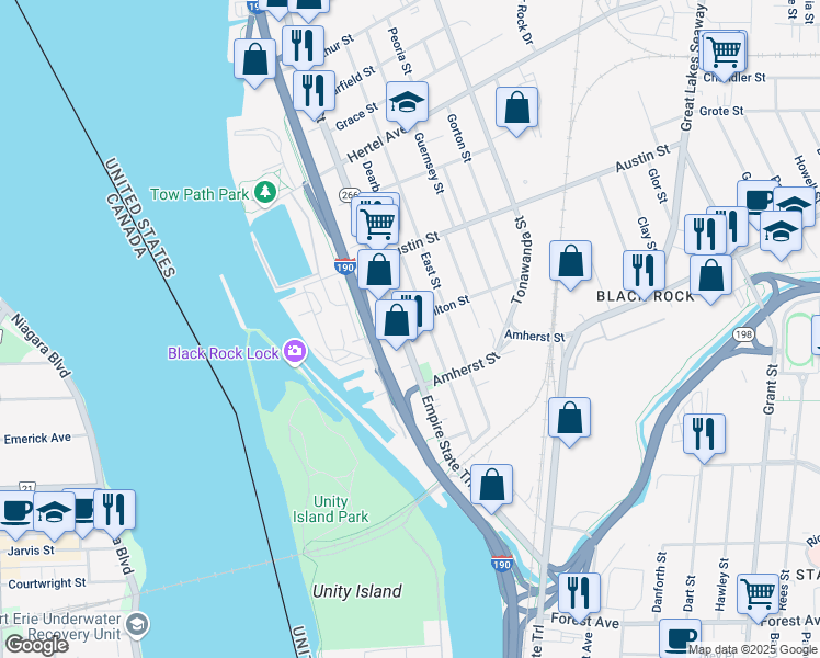 map of restaurants, bars, coffee shops, grocery stores, and more near 1915 Niagara Street in Buffalo