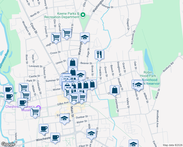 map of restaurants, bars, coffee shops, grocery stores, and more near 20 Brook Street in Keene