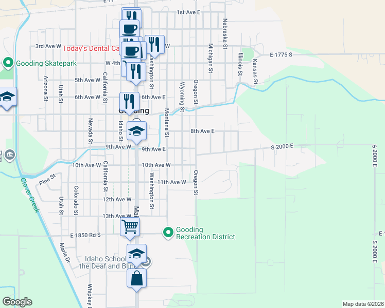 map of restaurants, bars, coffee shops, grocery stores, and more near 921 Oregon Street in Gooding