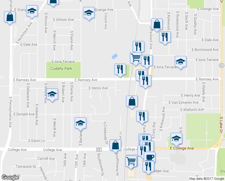 map of restaurants, bars, coffee shops, grocery stores, and more near 3365 East Henry Avenue in Cudahy