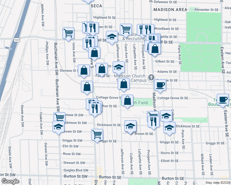 map of restaurants, bars, coffee shops, grocery stores, and more near 125 Cottage Grove Street Southeast in Grand Rapids
