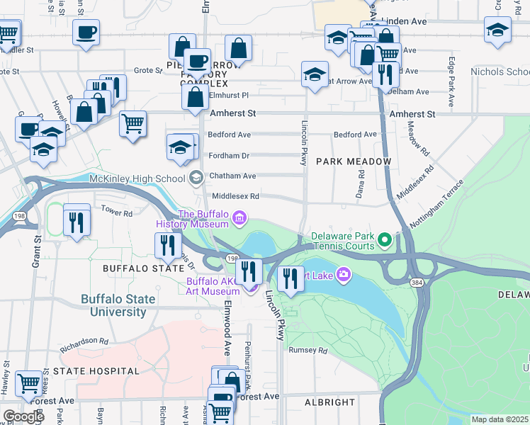 map of restaurants, bars, coffee shops, grocery stores, and more near 255 Nottingham Terrace in Buffalo