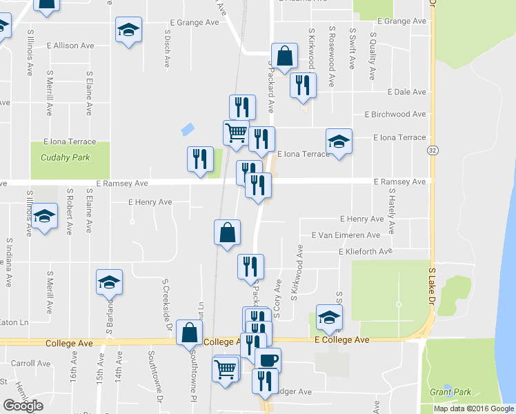 map of restaurants, bars, coffee shops, grocery stores, and more near 5965 S Packard Ave in Cudahy