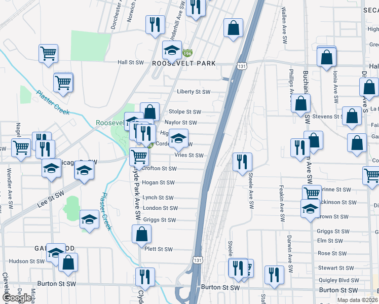 map of restaurants, bars, coffee shops, grocery stores, and more near 609 Vries Street Southwest in Grand Rapids