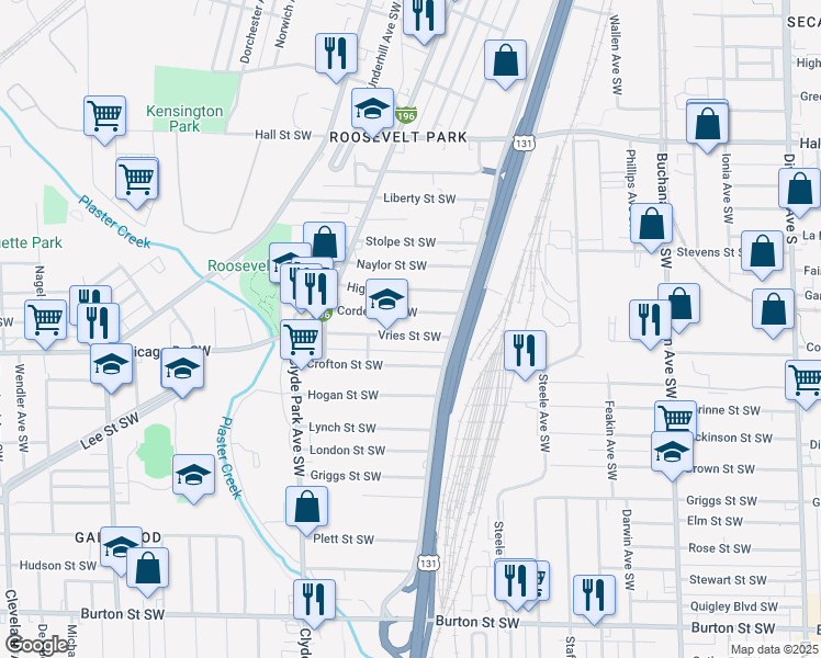 map of restaurants, bars, coffee shops, grocery stores, and more near 609 Vries Street Southwest in Grand Rapids