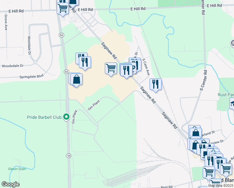 map of restaurants, bars, coffee shops, grocery stores, and more near 6300 South Saginaw Road in Grand Blanc