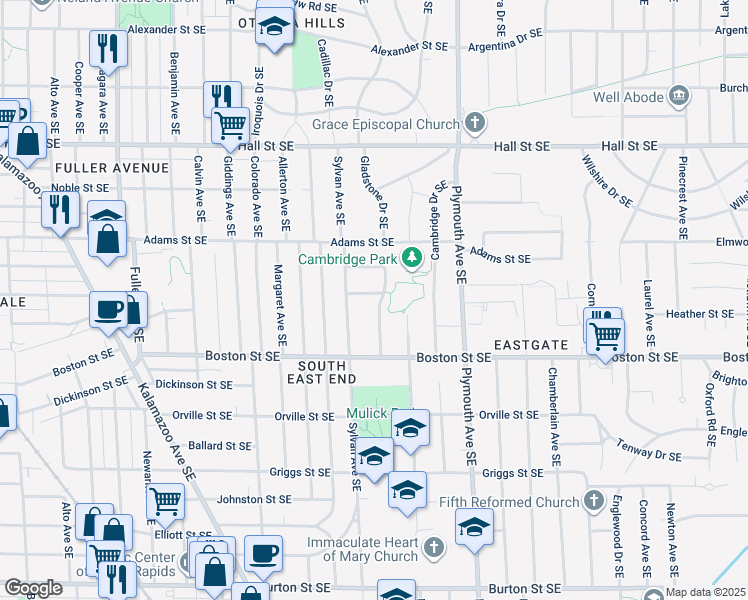 map of restaurants, bars, coffee shops, grocery stores, and more near 1501 Gladstone Drive Southeast in Grand Rapids