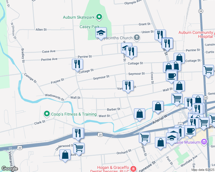 map of restaurants, bars, coffee shops, grocery stores, and more near 161 Van Anden Street in Auburn