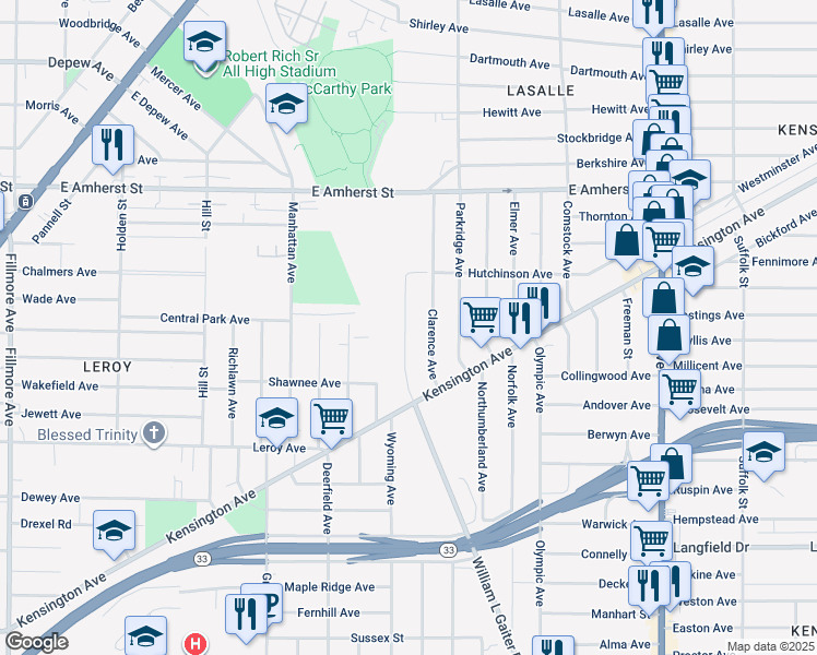 map of restaurants, bars, coffee shops, grocery stores, and more near 65 Clyde Avenue in Buffalo
