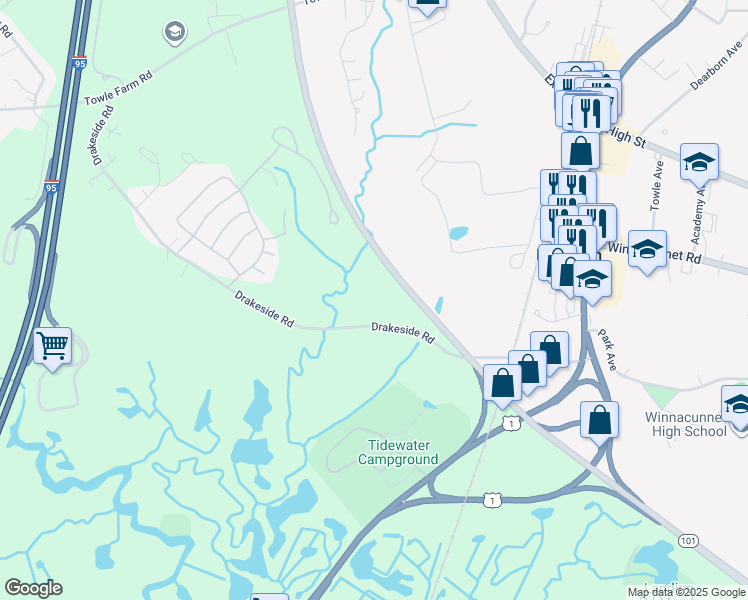 map of restaurants, bars, coffee shops, grocery stores, and more near 95 Drakeside Road in Hampton