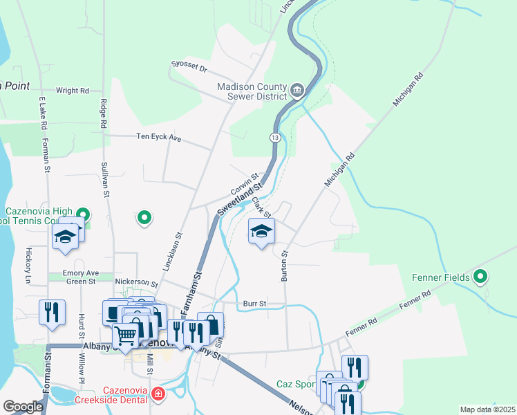 map of restaurants, bars, coffee shops, grocery stores, and more near 3 Clark Street in Cazenovia