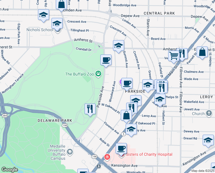 map of restaurants, bars, coffee shops, grocery stores, and more near 229 Parkside Avenue in Buffalo