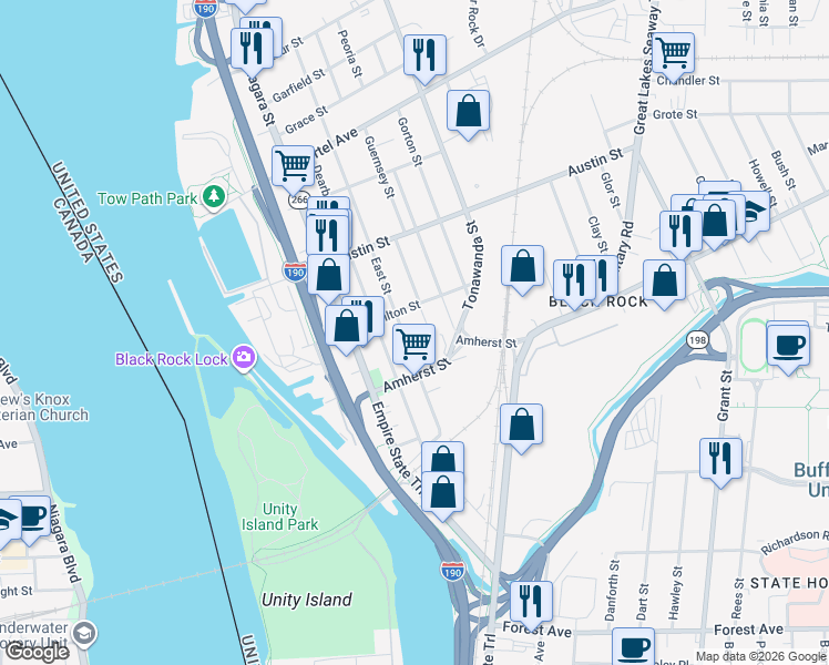 map of restaurants, bars, coffee shops, grocery stores, and more near 1 Saint Francis Place in Buffalo