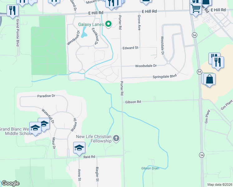 map of restaurants, bars, coffee shops, grocery stores, and more near 6288 Porter Road in Grand Blanc