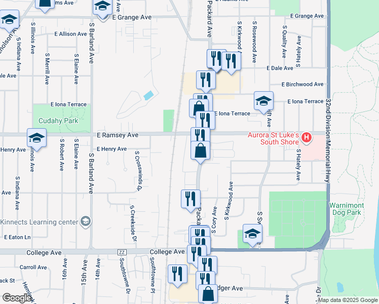 map of restaurants, bars, coffee shops, grocery stores, and more near 5965 South Packard Avenue in Cudahy