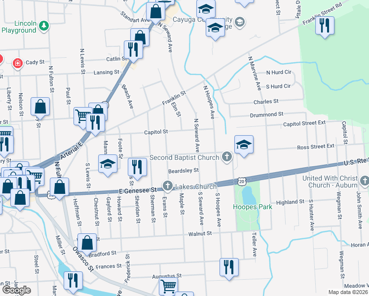 map of restaurants, bars, coffee shops, grocery stores, and more near 43 Ross Street in Auburn
