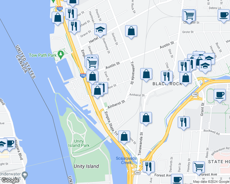 map of restaurants, bars, coffee shops, grocery stores, and more near 167 East Street in Buffalo