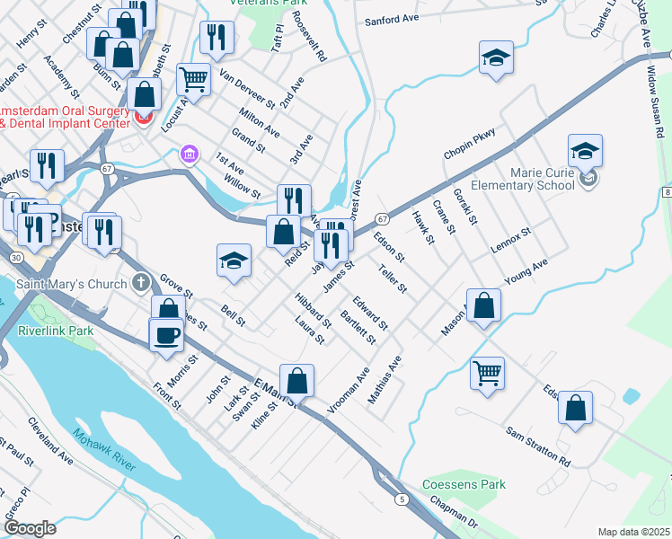 map of restaurants, bars, coffee shops, grocery stores, and more near 39 James Street in Amsterdam