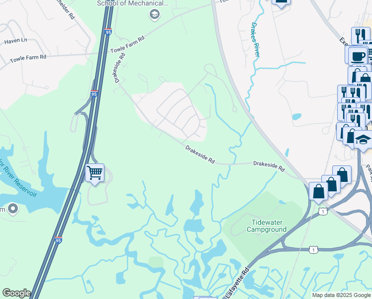 map of restaurants, bars, coffee shops, grocery stores, and more near 170 Drakeside Road in Hampton
