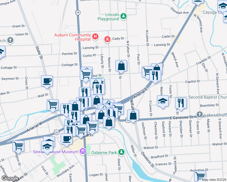map of restaurants, bars, coffee shops, grocery stores, and more near 43 Seminary Street in Auburn