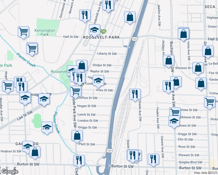 map of restaurants, bars, coffee shops, grocery stores, and more near 533 Vries Street Southwest in Grand Rapids