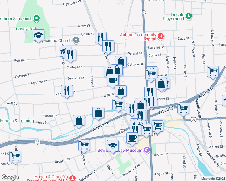 map of restaurants, bars, coffee shops, grocery stores, and more near 145 State Street in Auburn