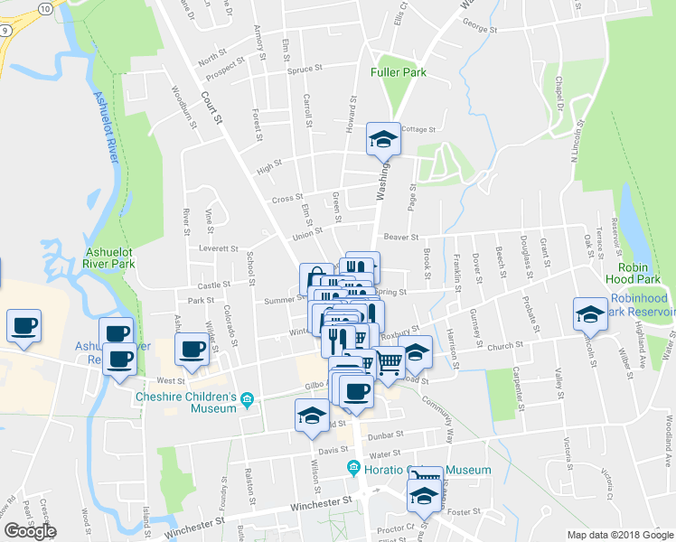 map of restaurants, bars, coffee shops, grocery stores, and more near 17 Elm Street in Keene